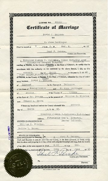 1946prints060.jpg - 1946 Certificate of Marriage: David J. Maloney and D. Jane Zeltinger