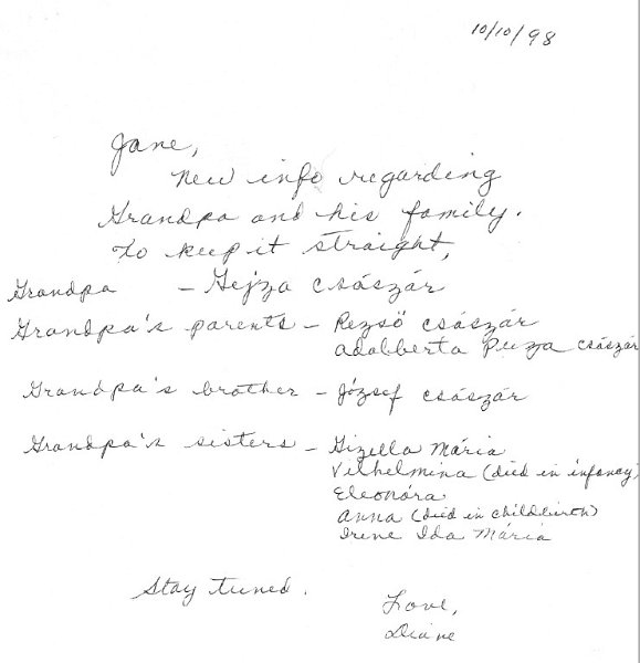 csaszar_names.jpg - 1998 note from Diane Brady regarding Charles Kaiser's family in Hungary.