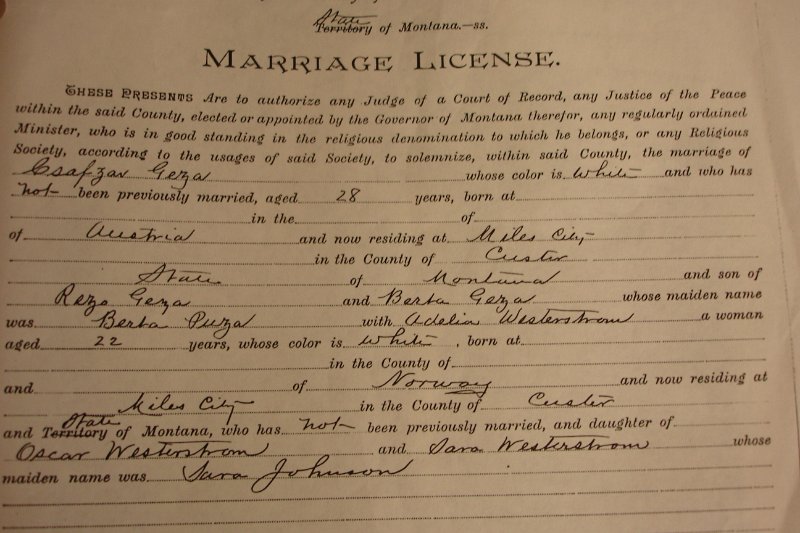 Tara710.JPG - 1889 marriage license for Charles Kaiser and Adelia Westerstrom.