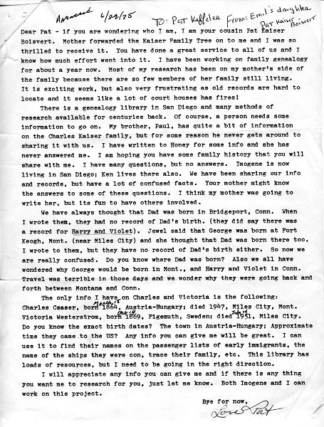 z_kaiserpapers001.jpg - 1975 Letters from Pat Kaiser Boisvert (Emil "Doc's" daughter) to Pat Kasier Keffeler (Laura's daughter).  Contains family history. pg 1/3