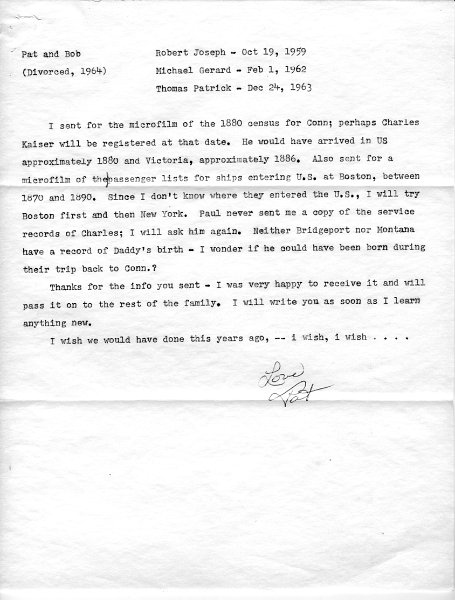 z_kaiserpapers003.jpg - 1975 Letters from Pat Kaiser Boisvert (Emil "Doc's" daughter) to Pat Kasier Keffeler (Laura's daughter).  Contains family history. pg 3/3