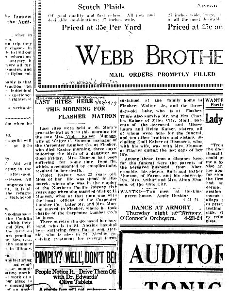 z_kaiserpapers006.jpg - 1919 Violet Kaiser Munson (Daughter of Charles and Victoria Kaiser) died.