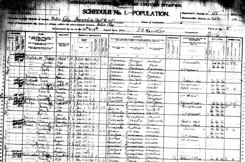 z_kaiserpapers015.jpg - 1900 Miles City, MT census listing Charles Kaiser family members.