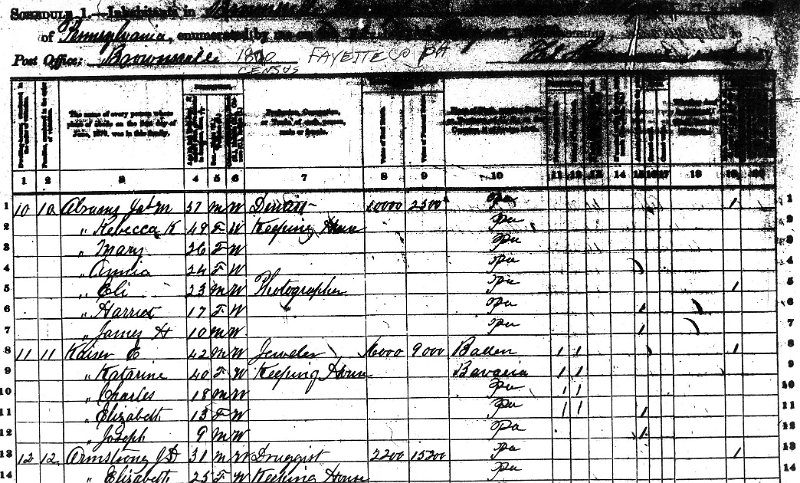 z_kaiserpapers016.jpg - 1870 Fayette County, PA census listing Charles Kaiser family members.