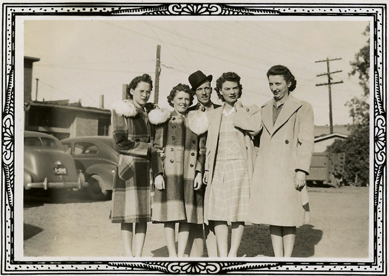 image063.jpg - 1942. Charles "Sonny" Kaiser (center) takes niece, Dorothy "Jane" Zeltinger (2nd from right) and fellow nurse-candidates to State Boards in Helena, MT