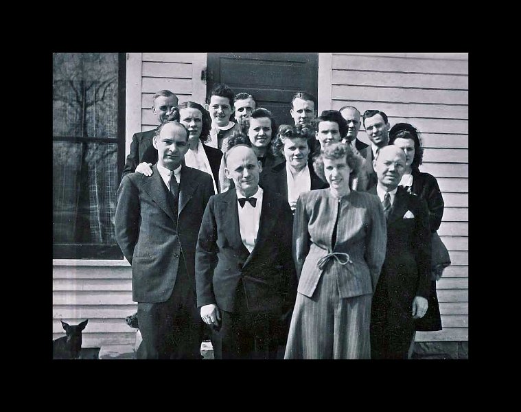 image070.jpg - 1947. Family gathers for the funeral of Charles Kaiser. My maternal grandparents are Laura I. (Kaiser) Zeltinger (center) and Matt Zeltinger (far right). "Toy" in lower left. - DJM Jr