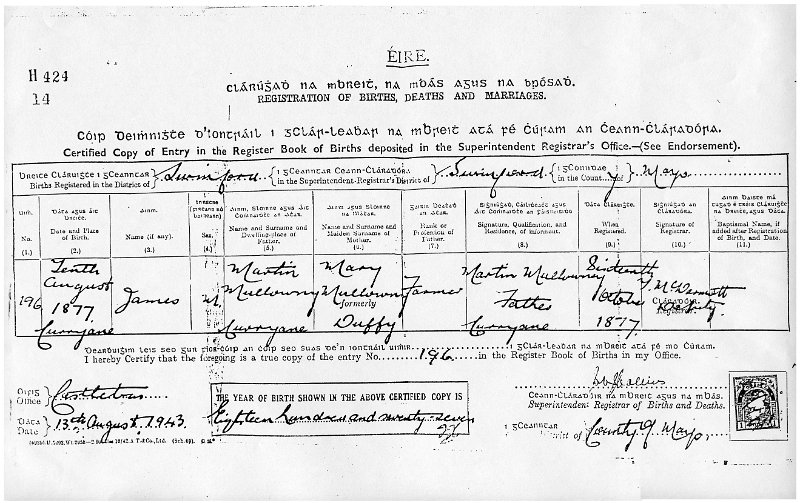 1877prints001.jpg - A 1943 certified confirmation of the 1877 birth of James Joseph Mullowney (later changed to Maloney), son of Martin Mullowney and Mary Duffy Mullowney. Mary predeceased Martin living in Ireland. Martin later (in 1888 after coming to the US) married Catherine "Kate" Freeman of Pennsylvania.