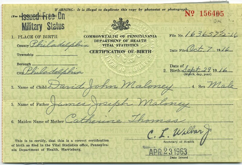 1916prints003.jpg - 1916 certification of birth for David J. Maloney, Sr. (1916-2001).