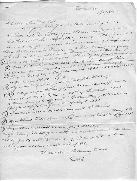 1950FromJamesJMaloney.jpg - In 1950 my father, David John Maloney, Sr., had the occasion to write to his father, James Joseph Maloney, asking about his father's middle name, as I recall, along with some other matters that Dad was required to find out in order to obtain some sort of security clearance in the Air Force. The below answer notes, among other things, that his wife, Katherine (with a "K", though her obit has it with a "C") did not use a middle name, that his own middle name was Joseph, and that there is no record of Katherine's birth though she was born in September 1886 in Lansford, PA. (Note that this is a mistake. Katherine was born in 1887 and not in 1886.)