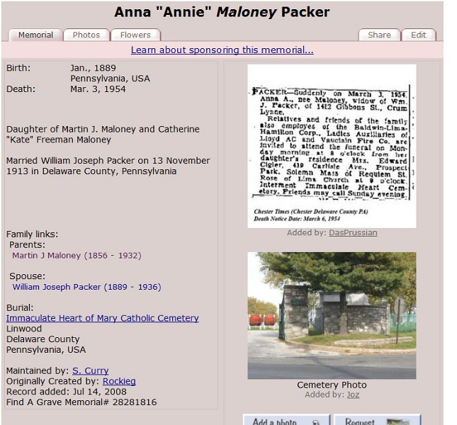 1954_AnnaMaloneyPackerFindAGrave.jpg - 1954. Anna Maloney Packer, dauther of Martin Maloney and his second wife, Catherine Freeman. To view.