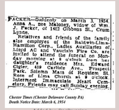 1954_AnnaMaloneyPackerFindAGrave_2.jpg - 1954 Death announcement for Anna Maloney Packer, dauther of Martin Maloney and his second wife, Catherine Freeman.