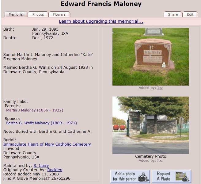 1972_EdwardFrancisMaloneyFindAGrave.jpg - 1972. Edward Francis Maloney (1895-1972). Son of Martin Maloney and Catherine (Freeman) Maloney.