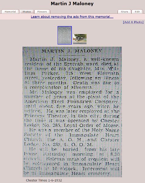 MartinJMaloney2.jpg - 1932. Death announcement for Martin J Maloney (1856-1932).