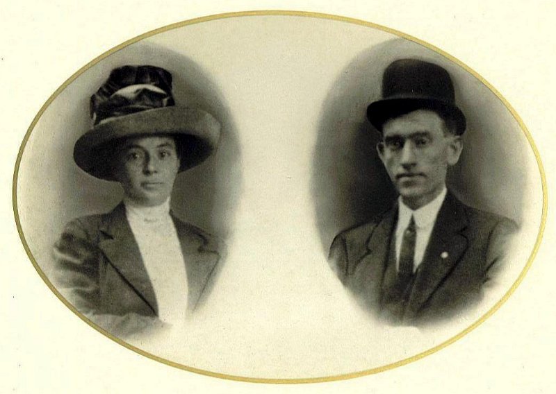 1910prints001.jpg - Katherine Thomas Maloney and James Joseph Maloney (parents of David J. Maloney, Sr.); taken at Coney Isl., NY, c. 1910. Little Uncle Jim (a few years old) was standing between his Mom and Dad but was removed from the image by photographer.