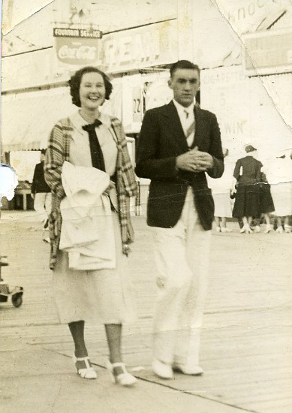 1939prints010.jpg - 1939. Postcard. On reverse ""Sherman Movie Photos / 3408 Boardwalk / Wildwood, NJ"" David J. Maloney Sr (right) Wildwood Crest Boardwalk (NJ)