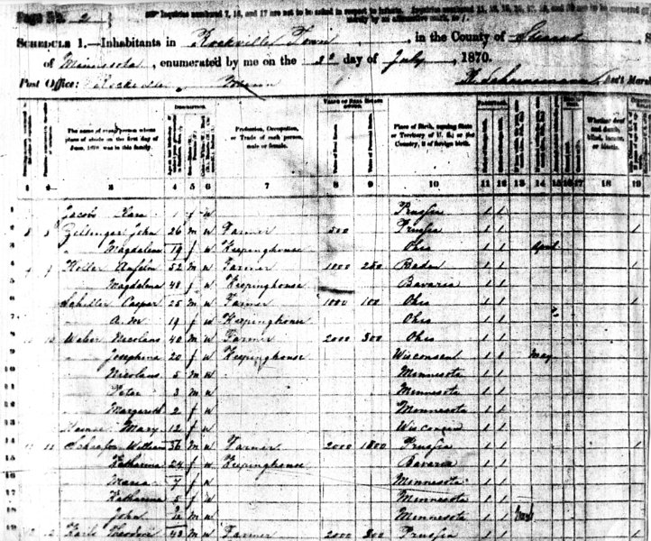 1870MNcencus.jpg - 1870 Rockville Township, Stearns County, MN census listing John and Magdalena Zeltinger; also Anselm and Magdalena Haller.