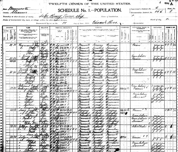 1900MNcensus_2.jpg - 1900 Rockville Township, Stearns County, MN census listing Xavier and Magdalena Dahinden family and Katie Zeltinger (daughter).