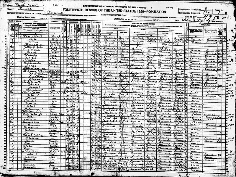 1920_census_page2.jpg - 1920 Roosevelt Township (formerly Ward Township), Renville County, ND census listing Ignatius and Katherine Zeltinger family (including some Dahindens) and Resh [sic Resch] family. pg 2 of 2