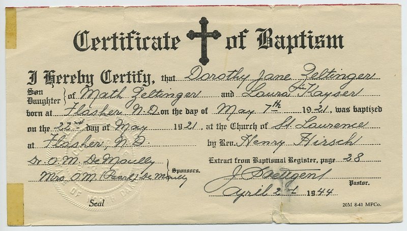 1921prints002.jpg - 1921 Baptismal certificate Dorothy Jane Zeltinger