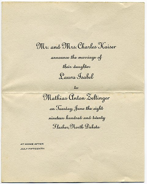 zeltinger019.jpg - 1920. Wedding announcement for Laura Isabel Kaiser and Mathias Anton Zeltinger, 1920.