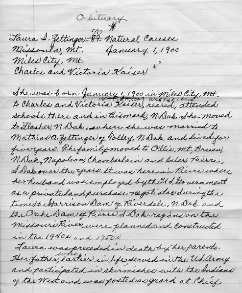 zeltinger086.jpg - 1989 Obituary of Laura I. Zeltinger written by her daughter Dorothy "Jane" Maloney. page 1 of 2