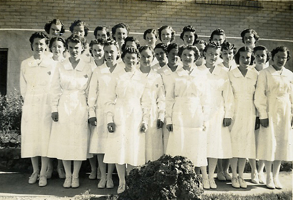 1939prints024.jpg - 1939. "Mom's nursing Class. ""6th Aug '39"". Mom 1st row third from left. Holy Rosary School of Nursing, Miles City, MT" - DJM jr