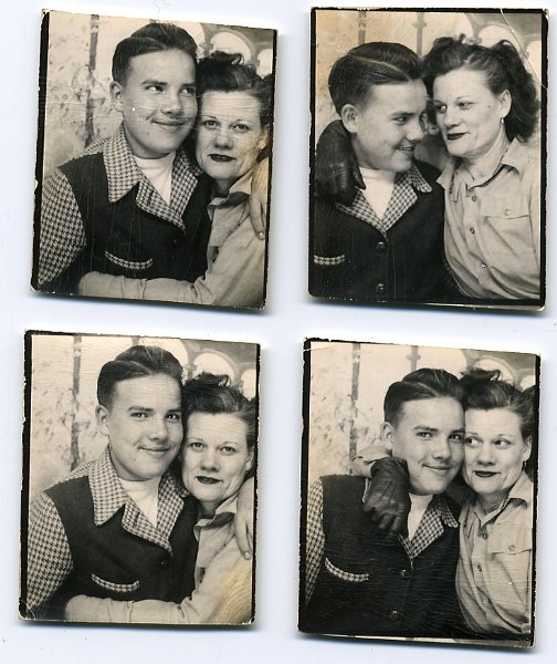 1940sprints001.jpg - 1940. My maternal grandmother, Tanta, in a photo booth. In these she is with her son, Jim Zeltinger. All were taken in Mandan, ND in the 1940s. - DJM Jr