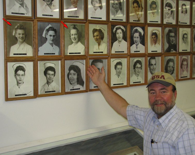 Dave0751a.jpg - 2006 Dave Maloney at Miles City, MT Range Riders Museum which displays "Angels of Care / Holy Rosary Hospital" nurses including siblings Jane and Gwen Zeltinger (arrows) c. 1942. Sister Miriam "Pat" Zeltinger also displayed elsewhere.