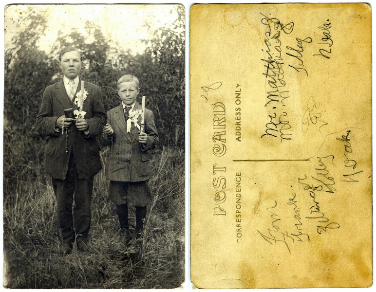 jz_067.jpg - Matt and brother Frank Zeltinger pose for Confirmation photo; reverse is inscribed by Frank.