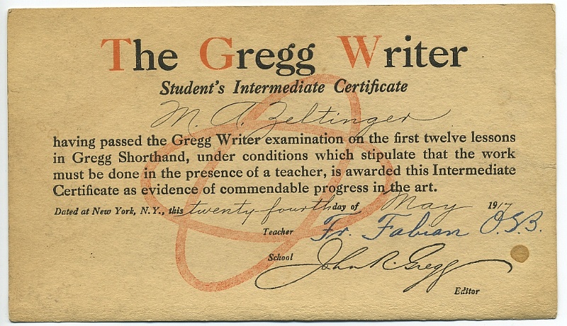 zeltinger013.jpg - Matt Zeltinger passes Gregg Shorthand course, 1917