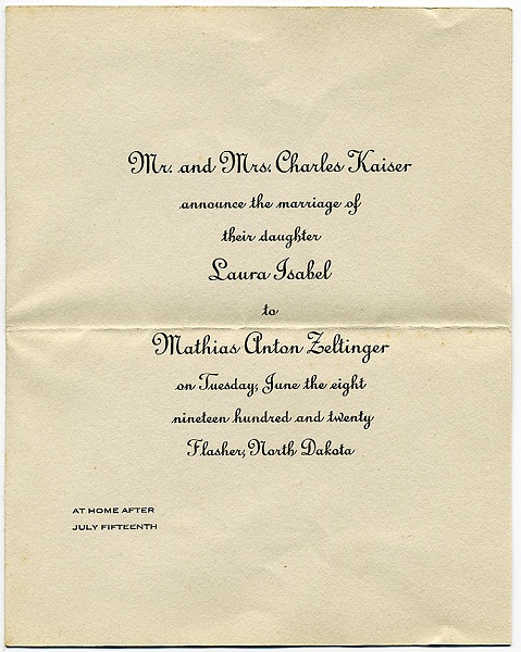 zeltinger019.jpg - Wedding announcement for Laura Isabel Kaiser and Mathias Anton Zeltinger, Flasher, ND, 1920.