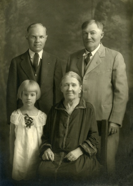 zeltinger032.jpg - From lower left and going clockwise: Dorothy Janette Zeltinger  (1921-2005), her father, Mathias Anton Zeltinger (1897-1962), his father Ignatius Zeltinger (1871-1952), and Ignatius' mother Magdelena Haller Zeltinger (later remarried Francis Xavier Dahinden)