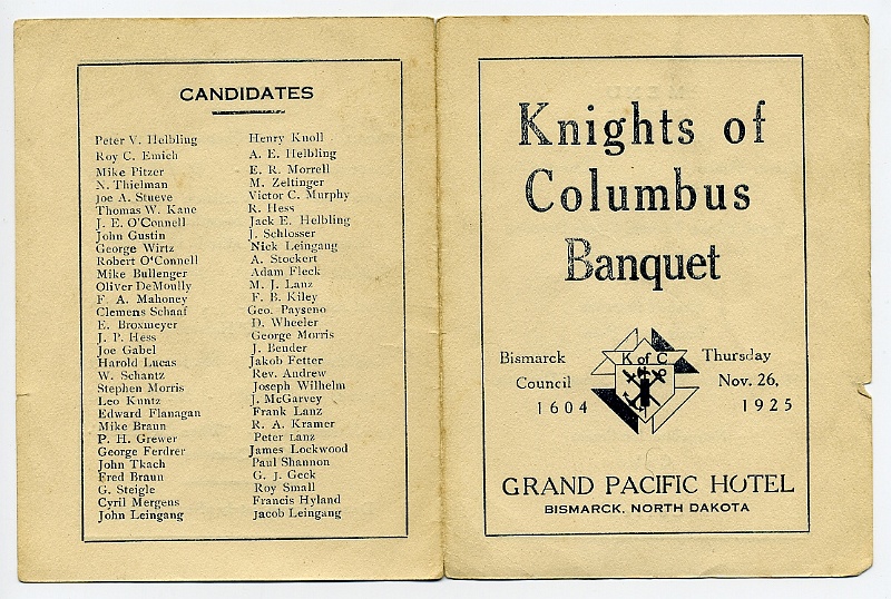 zeltinger033.jpg - Knights of Columbus Banquet program, 1925; M. Zeltinger listed under "Candidates" on reverse.