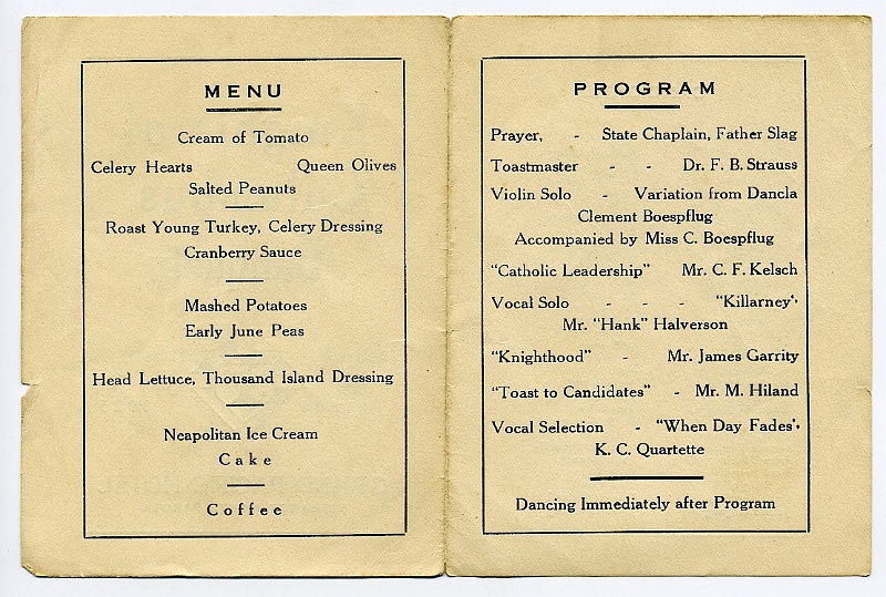 zeltinger034.jpg - Knights of Columbus Banquet program, 1925; M. Zeltinger listed under "Candidates" on reverse; see previous image.