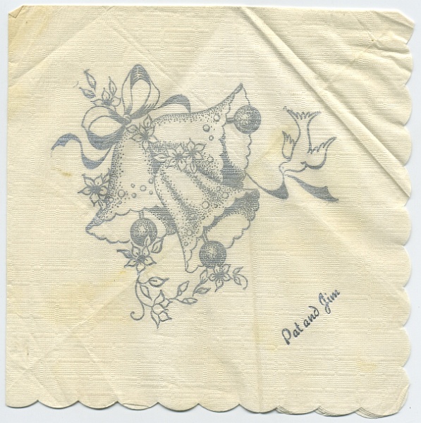 zeltinger076.jpg - James and Pat Zeltinger wedding reception napkin, c. 1959. James was a son of Mathias and Laura Zeltinger.