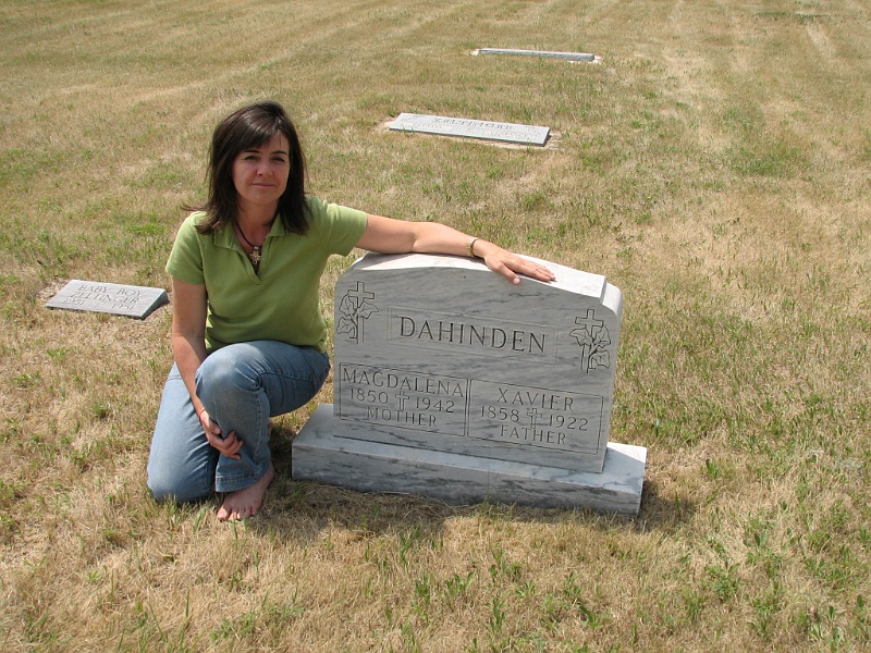 zeltinger107.jpg - Tara (Maloney) Drake at grave of her maternal Great-Great Grandparents Magdalena and Xavier Dahinden, Tolley, ND 2006